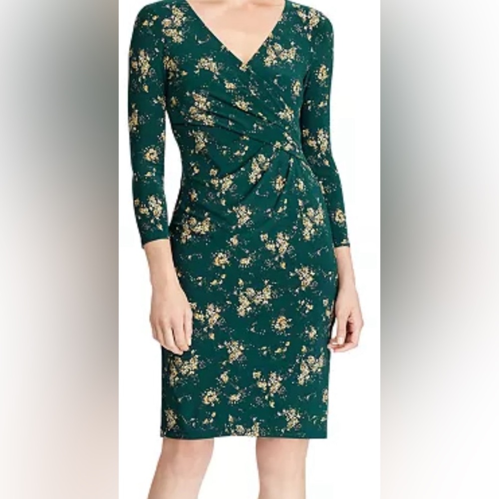 Ralph Lauren Green Floral Surplice Dress V-Neck 3/4 Sleeve Sz 14
